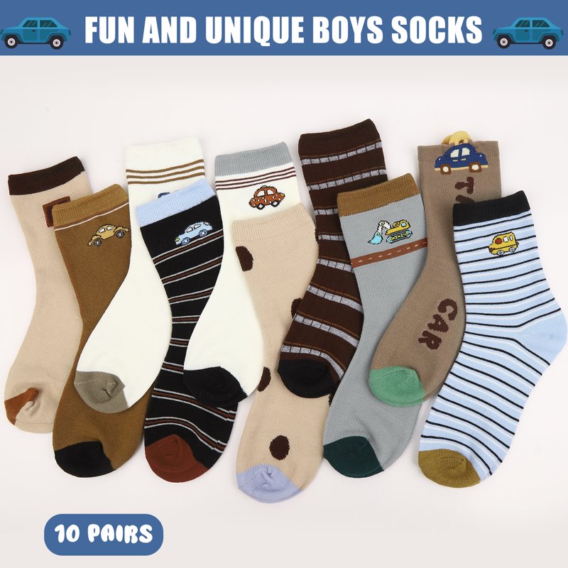 Lorrita Car Themed Kids Socks for Boys 4-7 Years, 10 Pairs – Colorful Cartoon Crew Socks