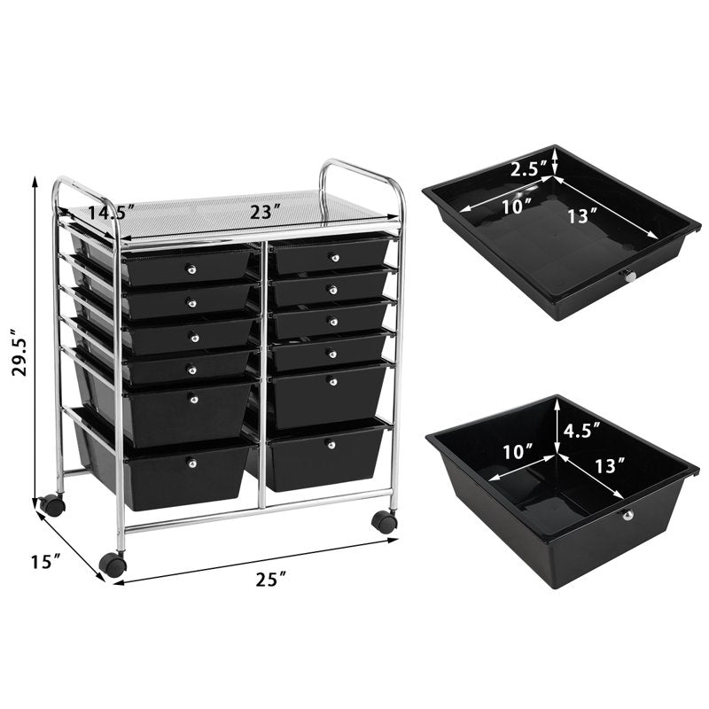 12-Drawer Rolling Storage Cart with Lockable Wheels - Black Metal Organizer
