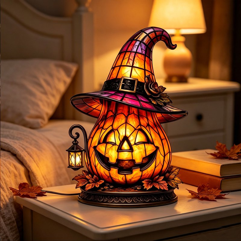 Halloween Pumpkin Table Lamp with Witch Hat - Indoor Decor Night Light