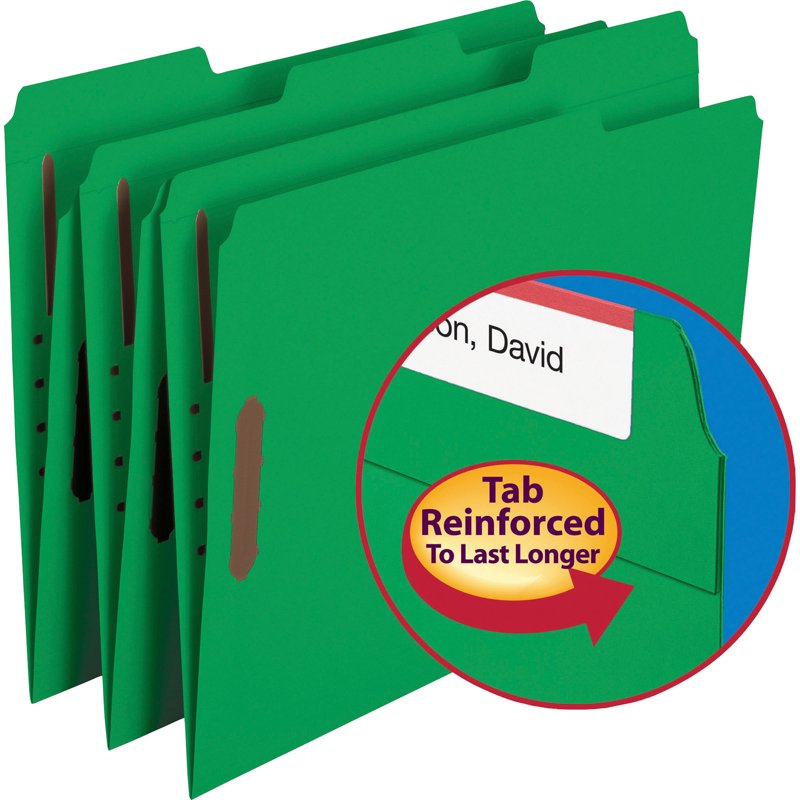 Color Reinforced Tab Fastener Folders - Letter Size, Green, 50 Pack