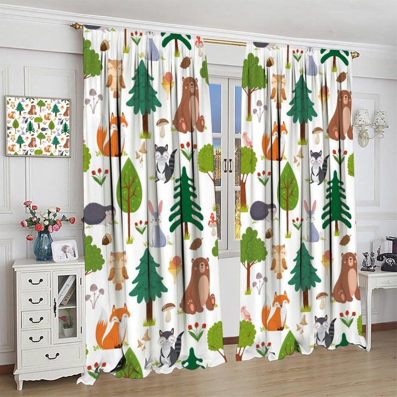 Woodland Animal Nursery Curtains - Thermal Insulated Kids Room Drapes, 72x63 Inches