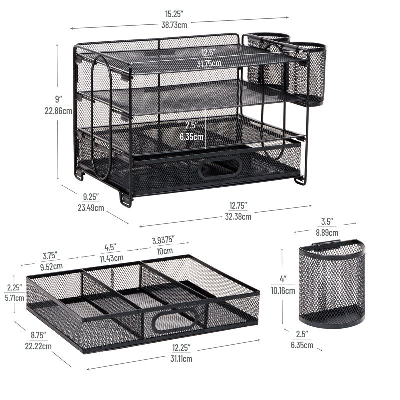 Mesh Desk Organizer with 3 Trays, Drawer & Pen Holders, Black Office Storage