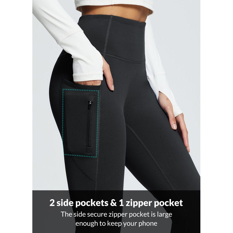 Thermal Fleece Lined Yoga Pants with Pockets - Waterproof Winter Flare Leggings