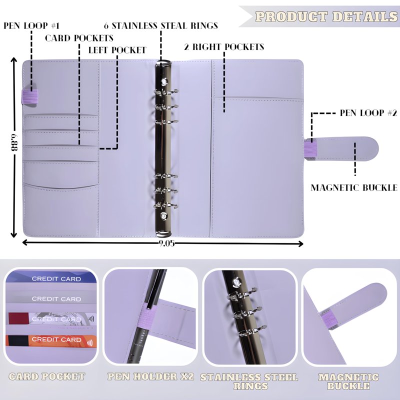 A5 Money Saving Challenge Binder with 100 Cash Envelopes - Purple Faux Leather