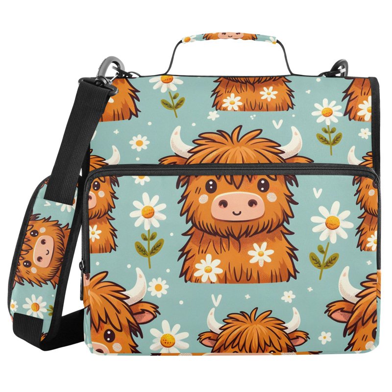 Zipper Binder with Cow & Daisy Design, 3-Ring File Organizer Bag