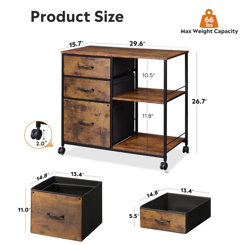 3-Drawer File Cabinet with Rolling Storage & Side Shelf for Home Office