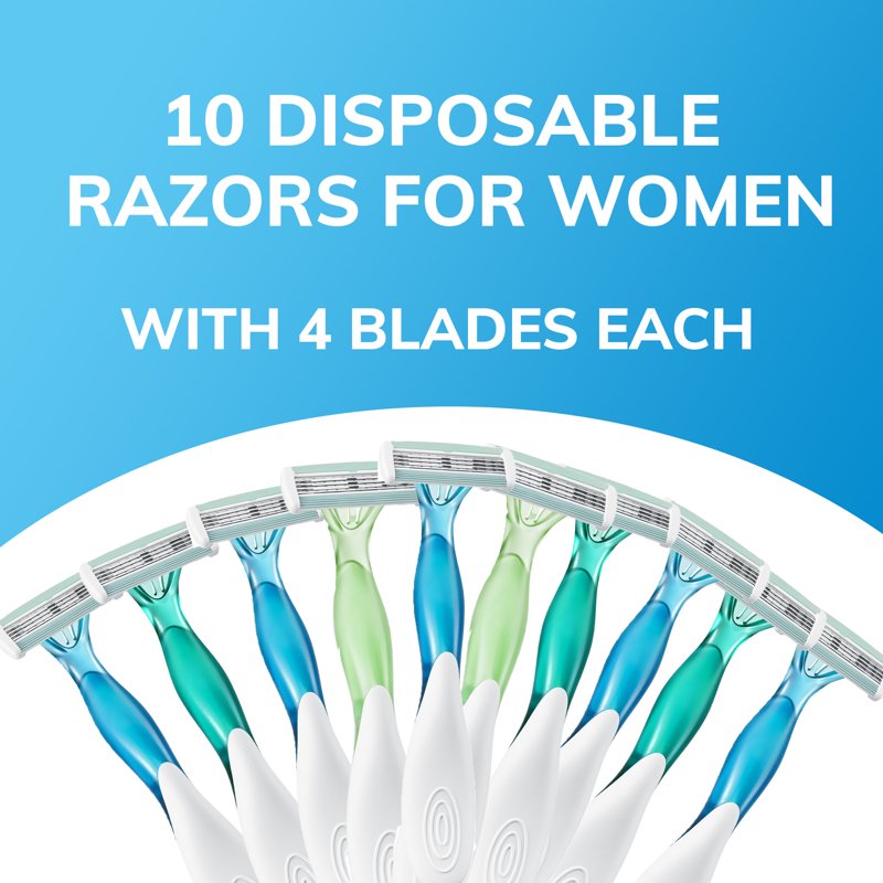 Disposable Women's Razor Blades Pack - 4 Flexible Blades, Pivoting Head, Rubber Grip