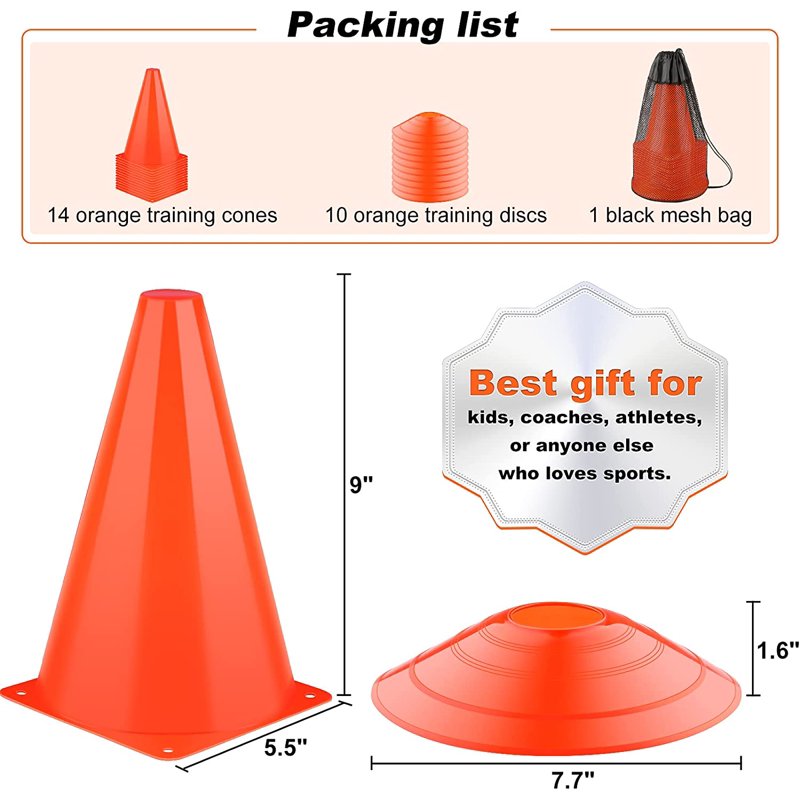 9-Inch Sports Training Cones - 24 Pack for Soccer Football Basketball Agility