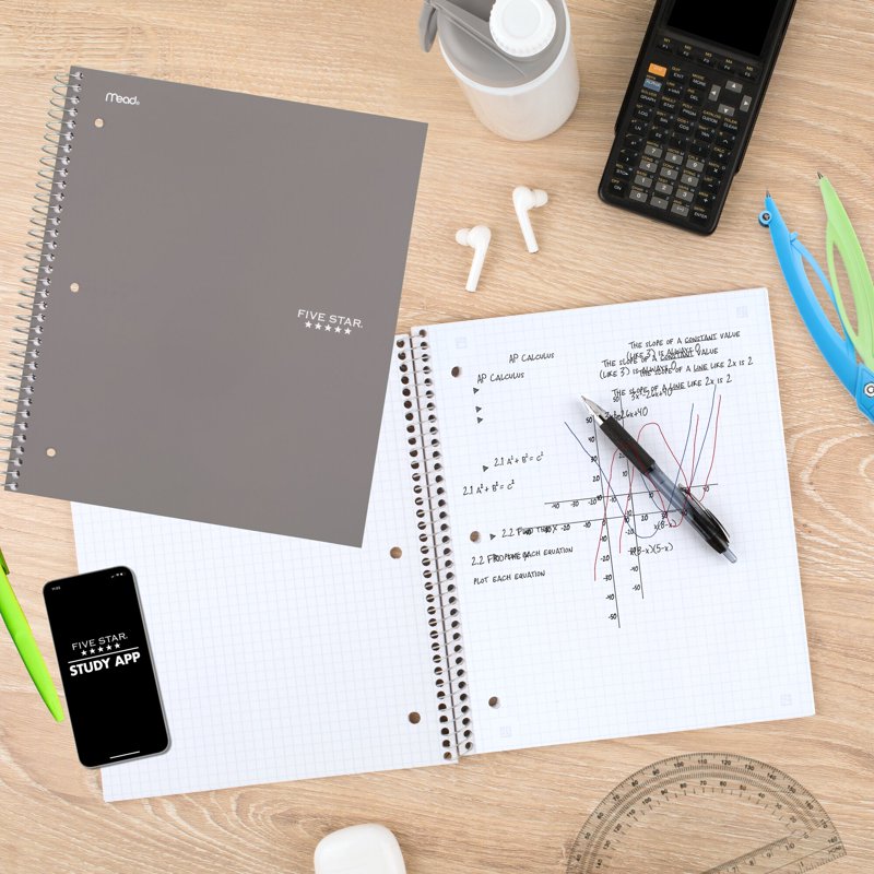 Graph Ruled Spiral Notebook with Study App, 1 Subject, 8.5x11, Gray