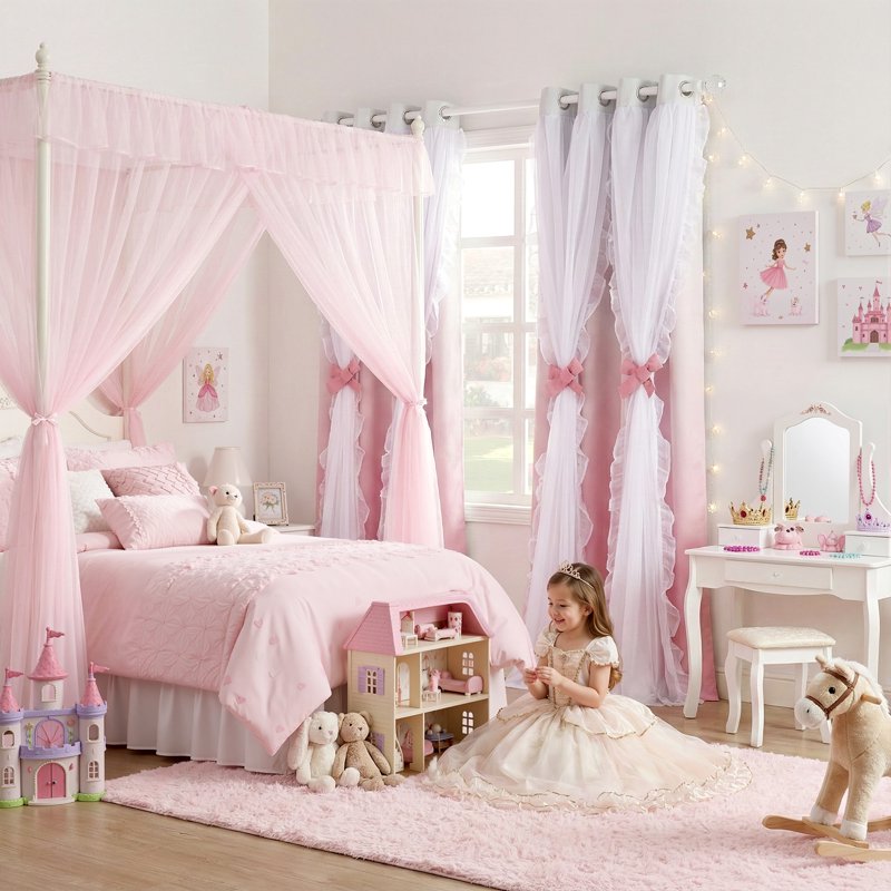 Double Layer Kids Room Blackout Curtains with Ruffle & Ombre Pattern - 2 Panels