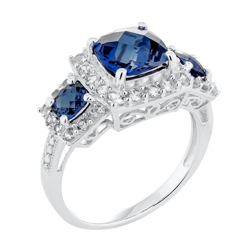 Sterling Silver Cushion Cut Lab Created Sapphire Ring - Blue & White