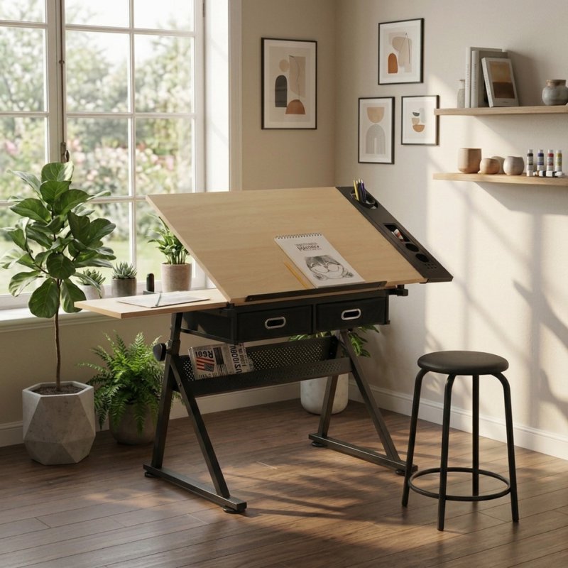 Adjustable Drafting Table Desk with Storage Drawers & Stool - Art & Studio Workstation