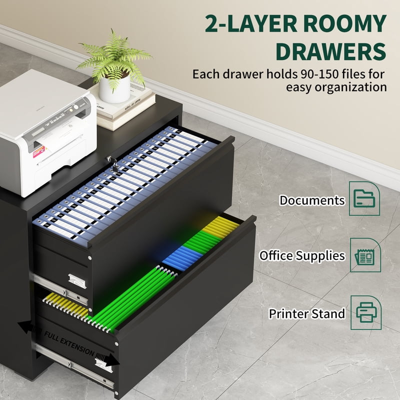 2-Drawer Lateral File Cabinet with Lock - Metal Office Storage for Letter & Legal Files