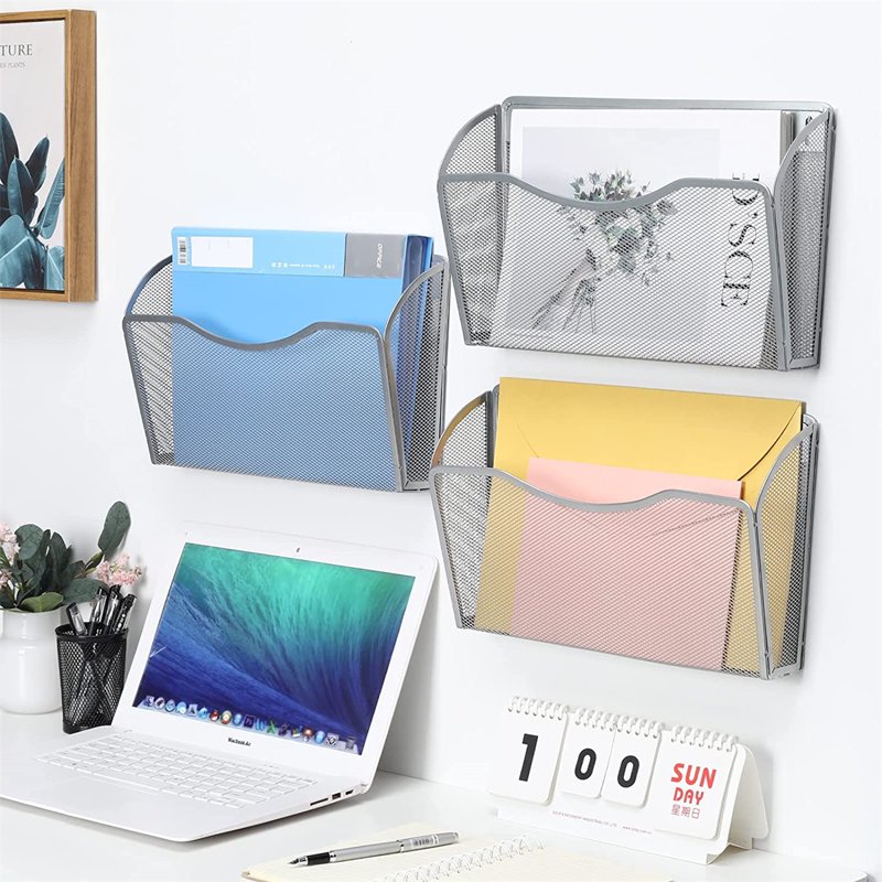 Wall Mount Hanging File Organizer with Mesh Pocket for Office & Home Storage