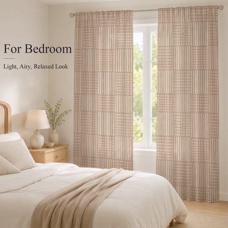 Sheer Curtain Set with Geometric Checkered Lines - Light Filtering Window Drapes for Bedroom & Living Room
