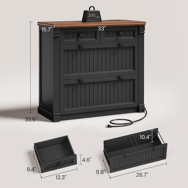 Farmhouse 4-Drawer File Cabinet with Power Outlets, Black and Brown Wood Office Storage