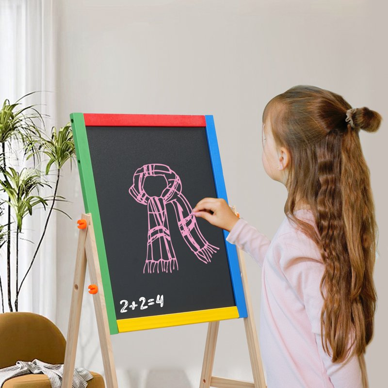 Kids Art Easel Double Sided Chalkboard & Dry Erase Board - Height Adjustable Wooden Stand