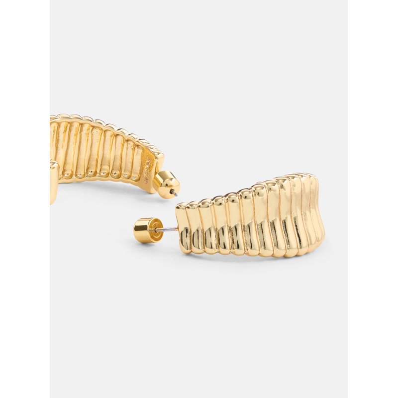 Gold-Tone J-Hoop Earrings for Women - Ribbed Statement Earrings
