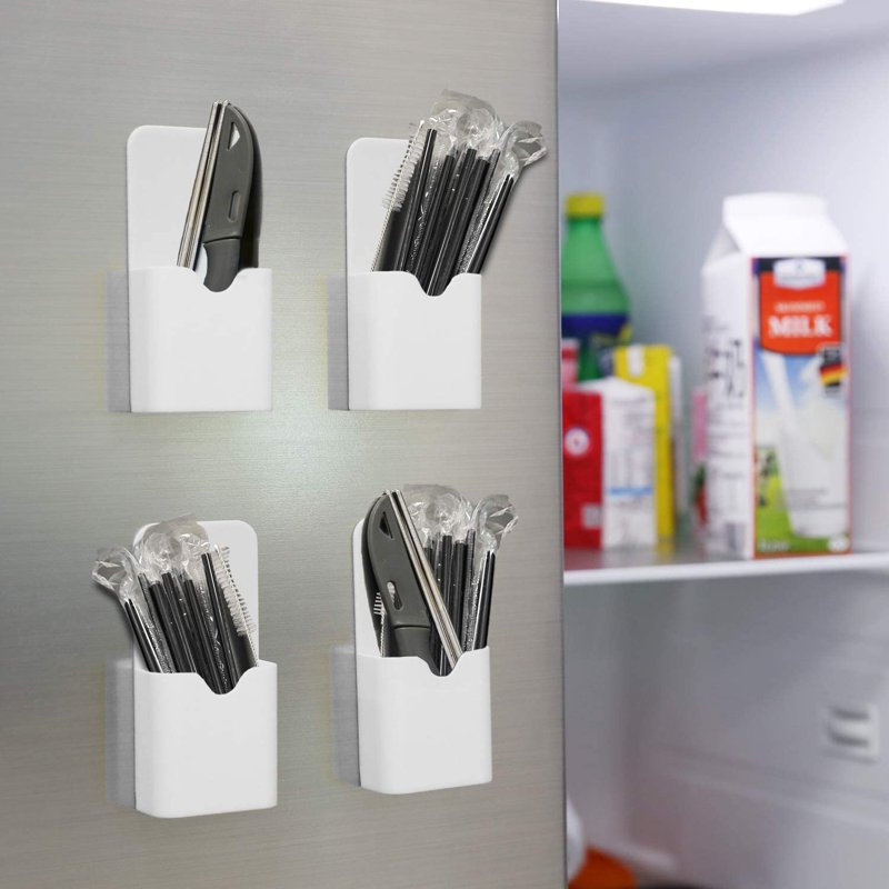 Magnetic Pen Holders 4 Pack - White Refrigerator & Whiteboard Storage Organizers