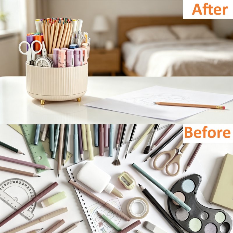 Rotating Desk Organizer with Multi-Compartment Pen Holder - 360° Spin for Office, Kitchen, Crafts, Makeup
