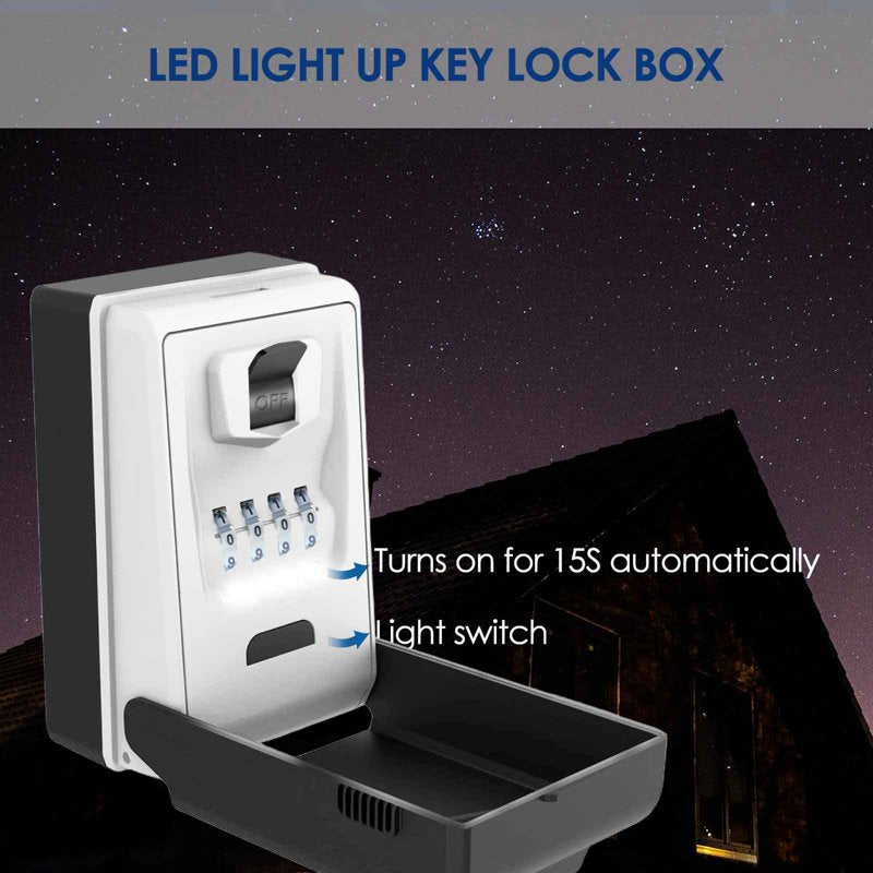 LED Waterproof Metal Lock Box with Combination Lock, Wall Mount Security Hider for Keys