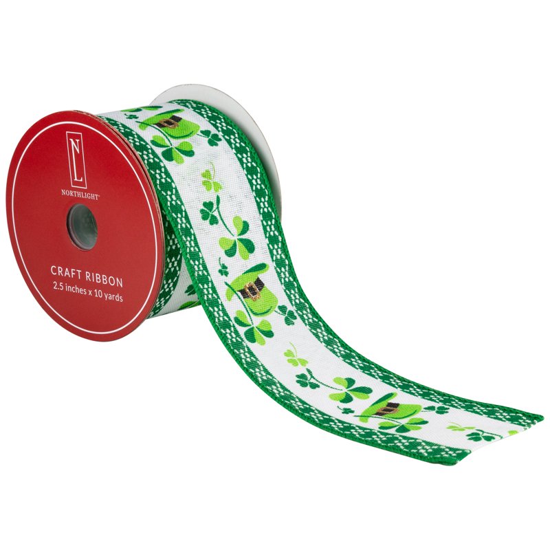 St. Patrick's Day Wired Craft Ribbon - Green Shamrocks & Leprechaun Hats, 2.5" x 10 Yards