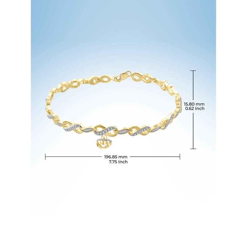 Heart and Infinity Bracelet with White Diamond Accents - 14k Gold-Plated, 7.75 Inch Beaded Links