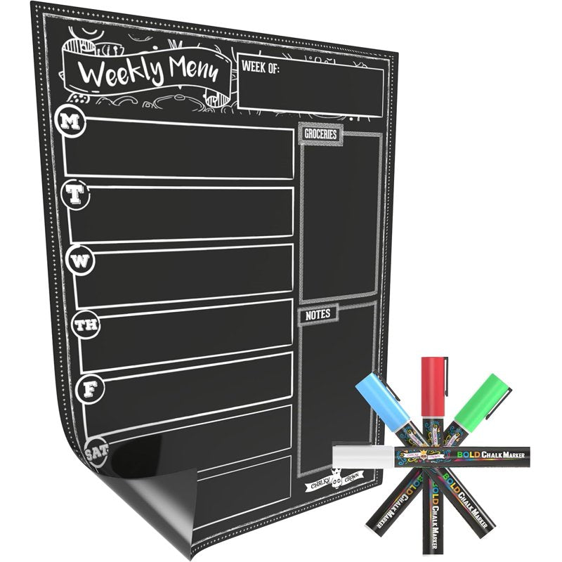 Magnetic Dry Erase Menu Board for Refrigerator with 4 Chalk Markers - Weekly Meal Planner & Grocery List, 15.6 x 11.6 Inches
