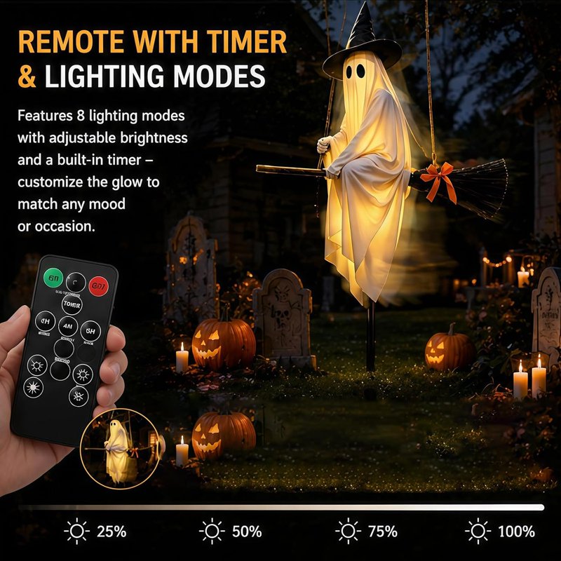 Halloween Light-Up Ghost Decorations Outdoor - 6 FT Spooky Hanging Ghost with Broomstick & Witch Hat