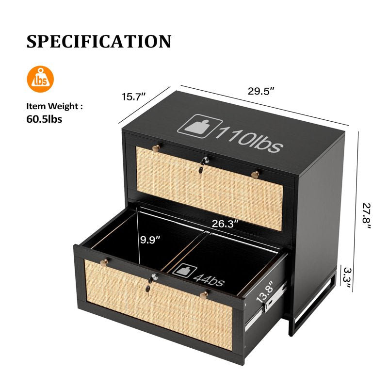 Lateral File Cabinet with Lock - 2 Drawer Wood Storage for Home Office, Black