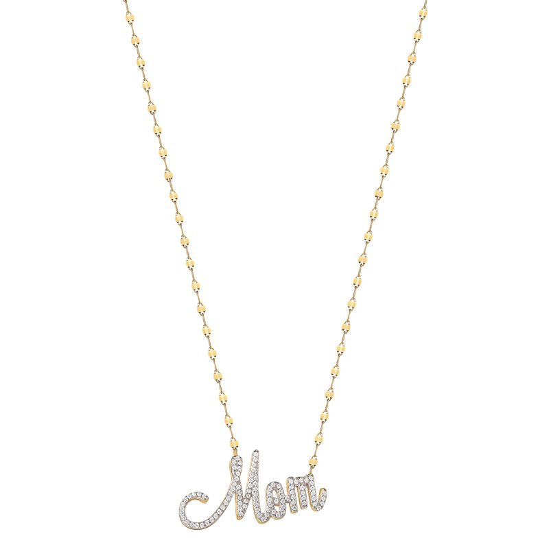 Gold and Rhodium Plated Sterling Silver Mom Necklace with CZ Stones - 18 Inch Chain