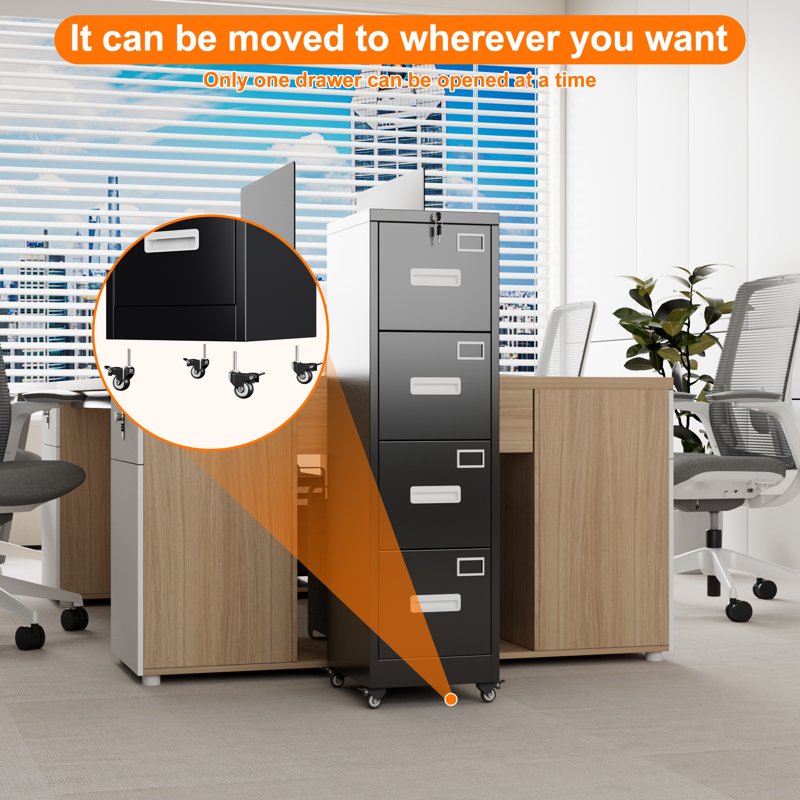 Vertical File Cabinet with 4 Locking Drawers and Wheels - Office & Home Storage Solution