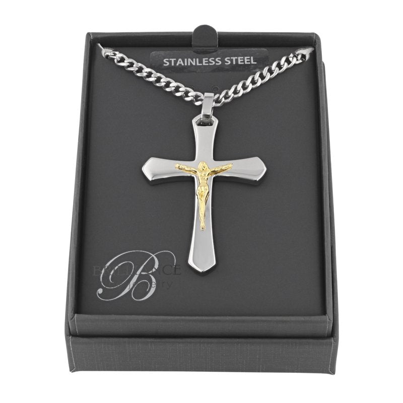 Men's Two-Tone Stainless Steel Crucifix Pendant Necklace with Chain