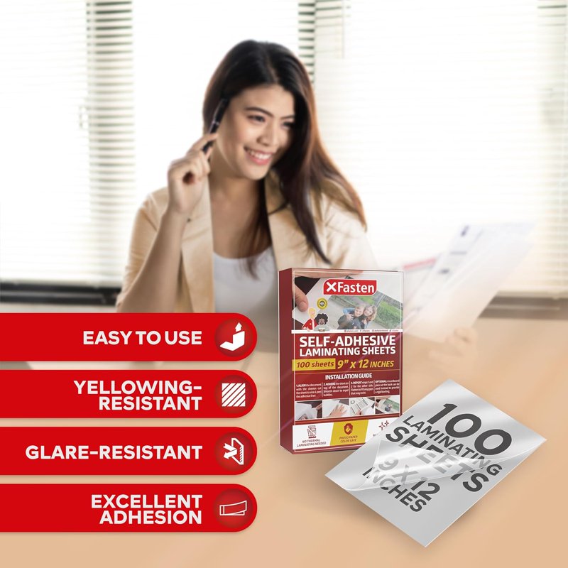 Self-Adhesive Laminating Sheets 9 x 12 Inches Pack of 100 Glossy Protect Documents