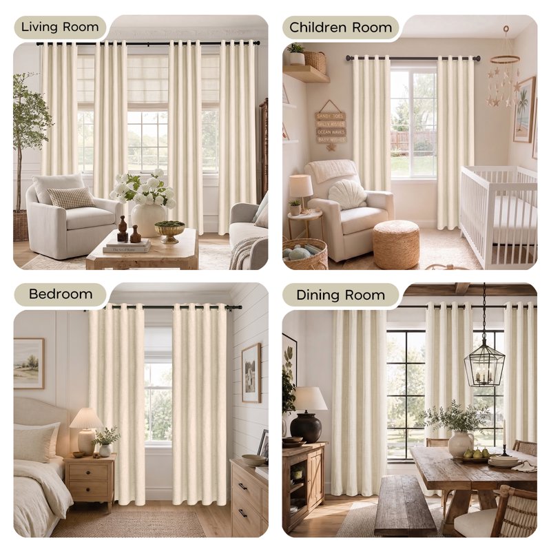Blackout Linen Blend Grommet Curtains for Bedroom & Living Room - Thermal Insulated, Light Greenish Gray, Pack of 2