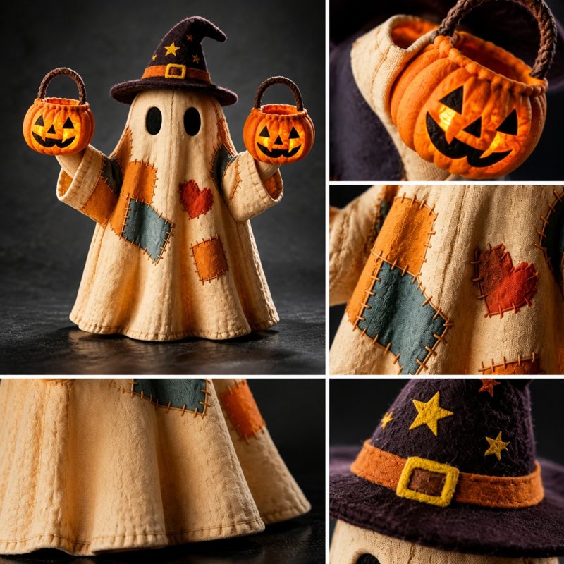 Patchwork Ghost with Pumpkin Figurine - Resin Halloween Ornament (Variation: Patchwork GB)