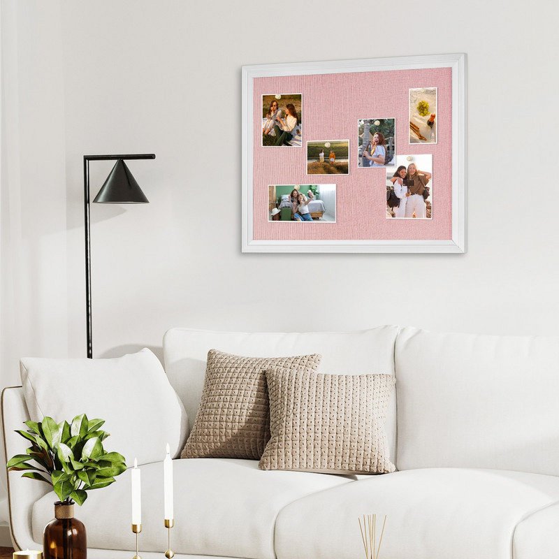 Pink Cork Bulletin Board with Linen Surface and White Wood Frame - Wall Mounted Pin Board 18x24 Inches