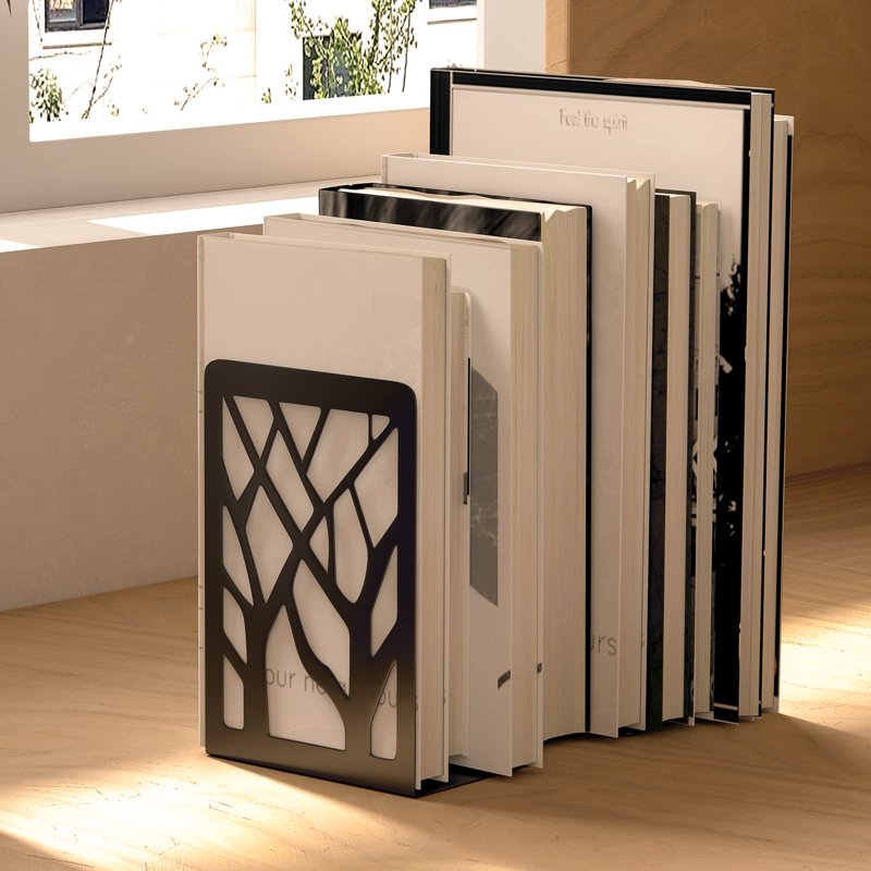 Heavy Duty Metal Book Ends Tree Design Set - Black, Modern Shelf Organizer