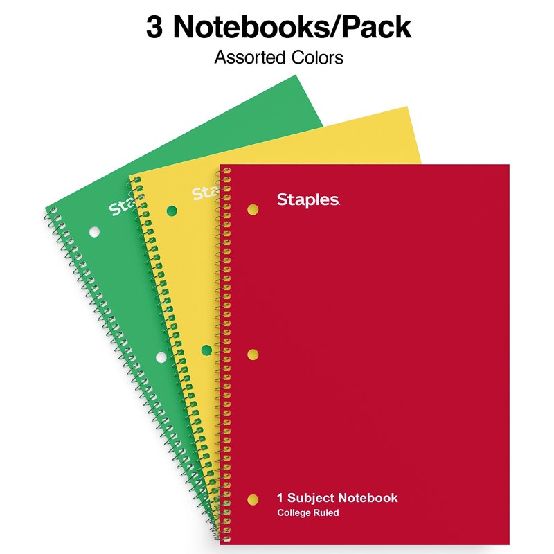 1-Subject College-Ruled Notebook 8 x 10.5 Inches Assorted Colors - Pack of 3