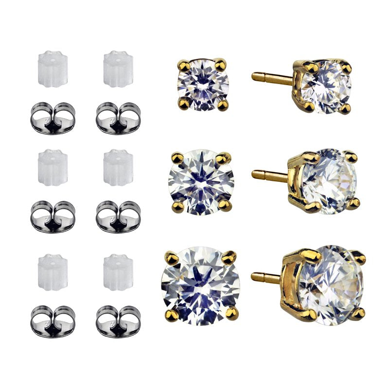 14K Gold Flash Plated Sterling Silver Simulated Diamond Earring Set - Multiple Sizes