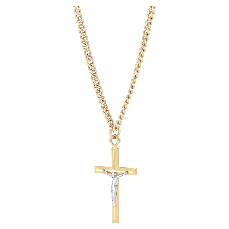 Gold-Filled and Rhodium Crucifix Pendant Necklace 24 Inch Stainless Steel Chain
