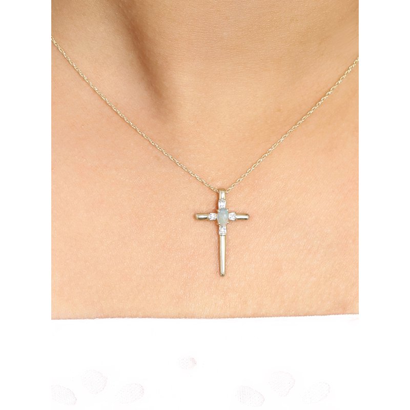 14K Gold Over Silver Cross Necklace for Women with Opal & White Diamond Accents