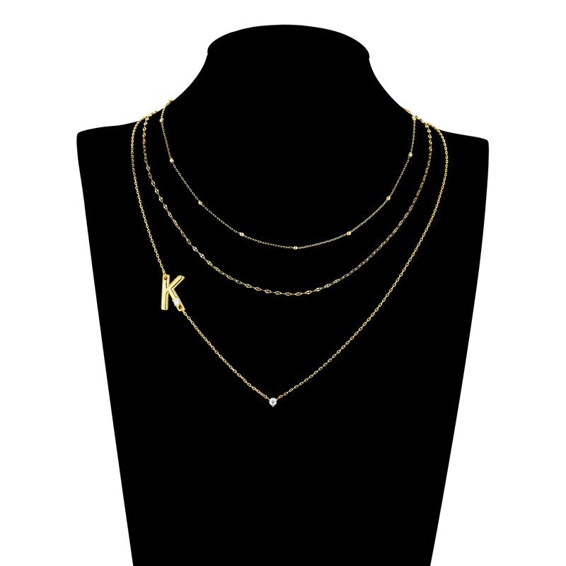 Initial Necklace Set with Cubic Zirconia and 14K Gold Flash Plating – Multiple Charms