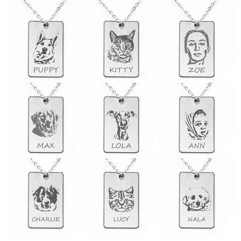 Personalized Pet Dog Tag Necklace with Portrait Pendant - Engravable Stainless Steel