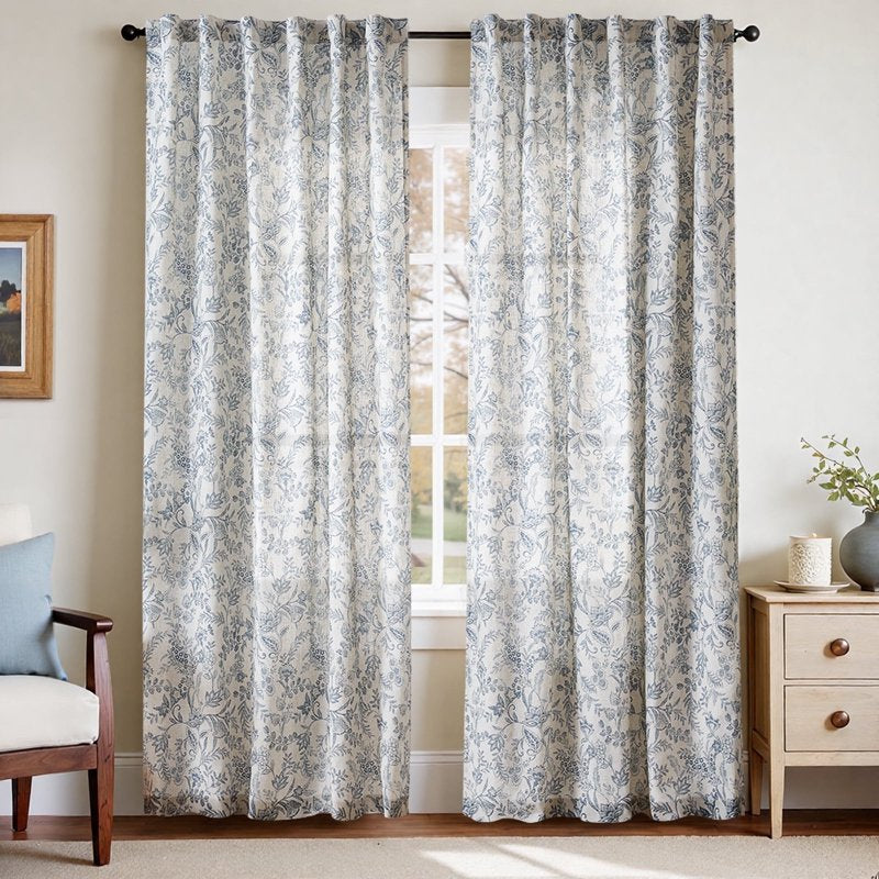 Farmhouse Floral Linen Curtains - Light Filtering Back Tab Window Drapes