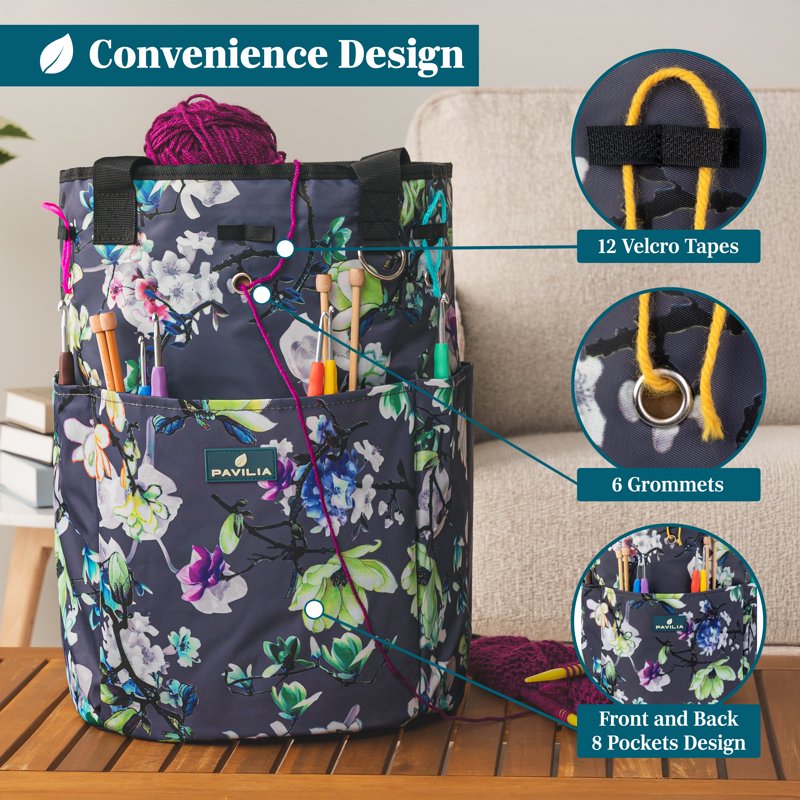 Crochet & Knitting Yarn Bag Organizer with Grommets - Large Portable Tote for Supplies