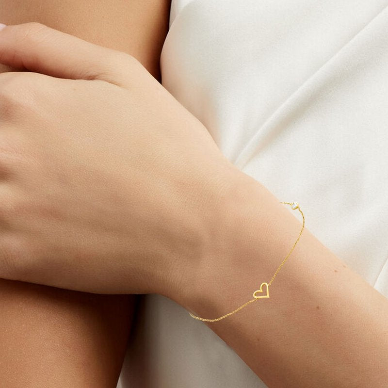 Lab-Grown Diamond Heart Station Bracelet in Yellow Gold-Plated Silver | Dainty Jewelry Gift