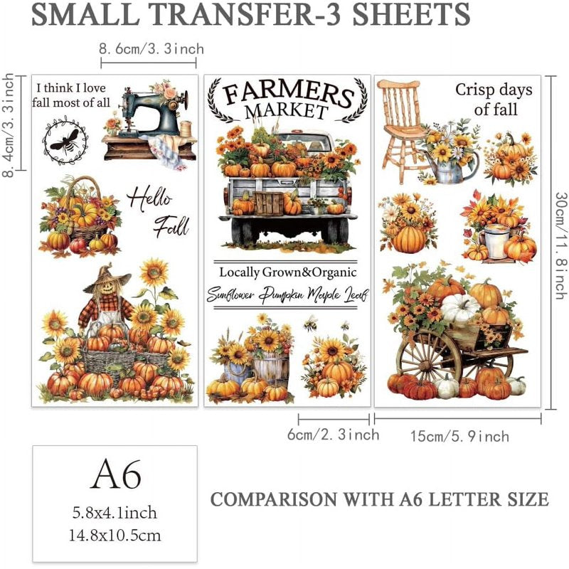 Pumpkin Transfer Stickers 3-Pack for Crafts & Furniture Fall Decor 6x12 Inches