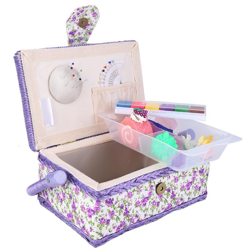 Handmade Sewing Basket Organizer with Double Layer Storage & Floral Print
