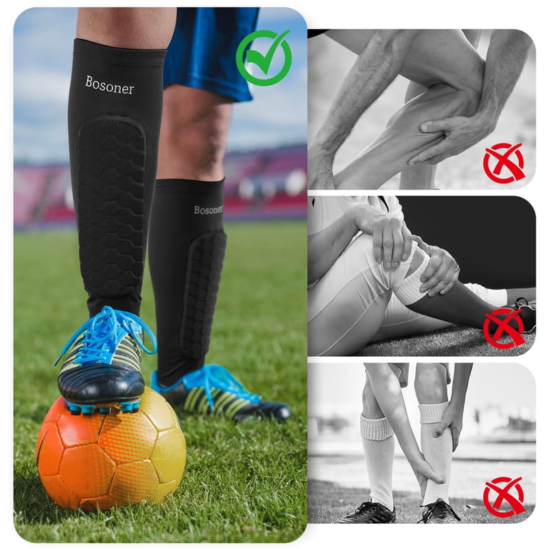XL Gray Bosoner Soccer Shin Guards for Kids - Non-Slip Calf Sleeve with Honeycomb EVA Padding